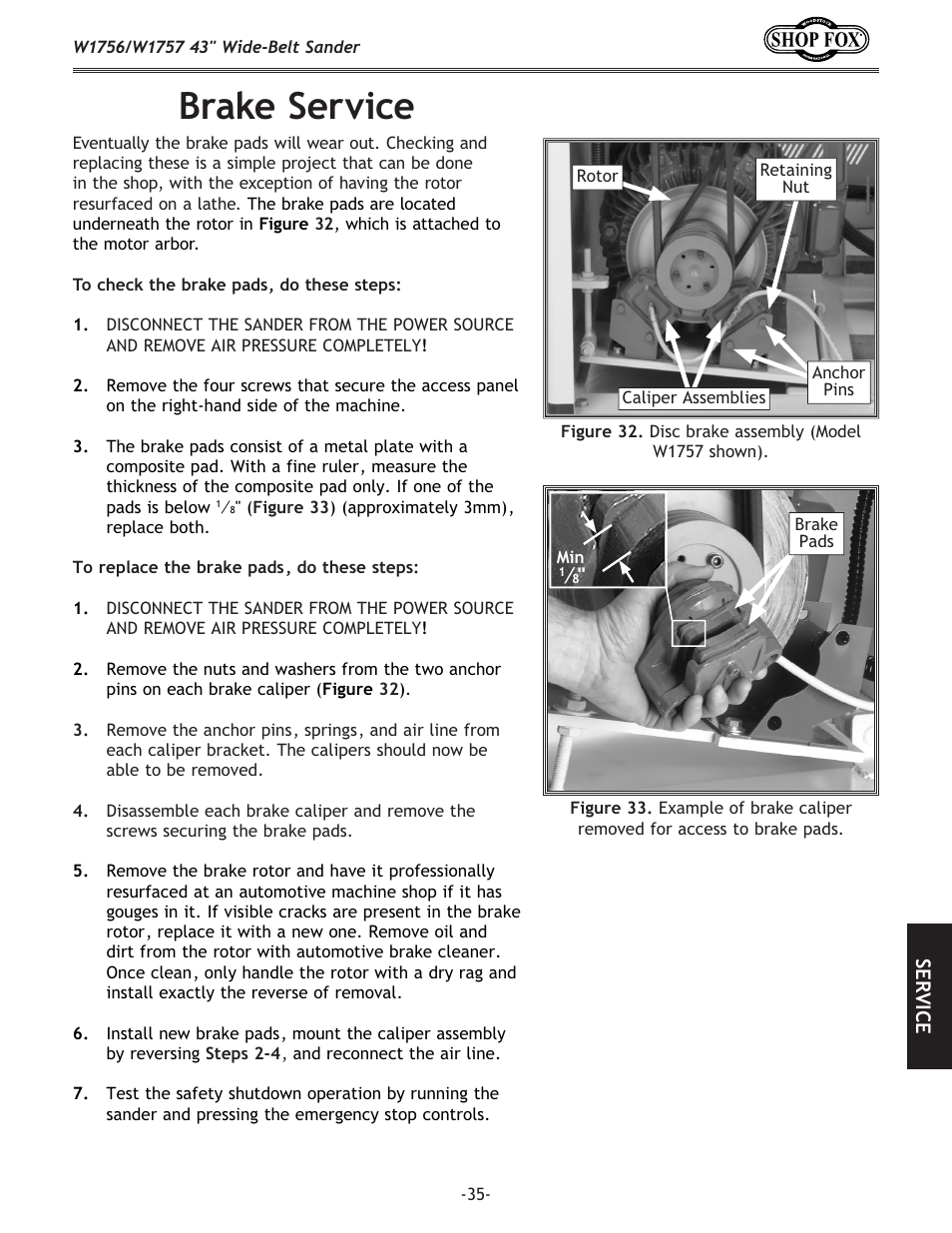 Brake service | Woodstock SHOP FOX W1756 User Manual | Page 37 / 84
