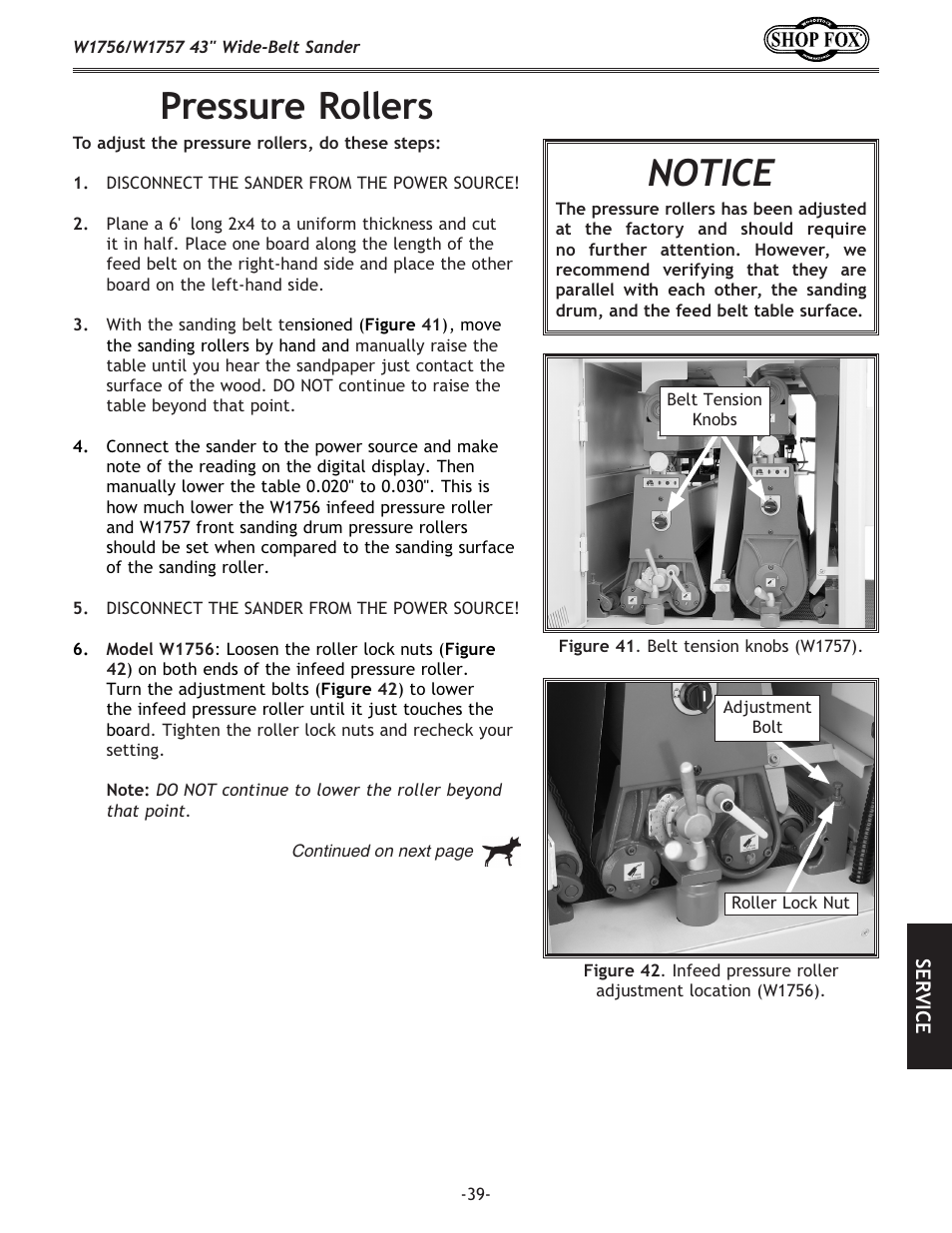 Pressure rollers, Notice | Woodstock SHOP FOX W1756 User Manual | Page 41 / 84