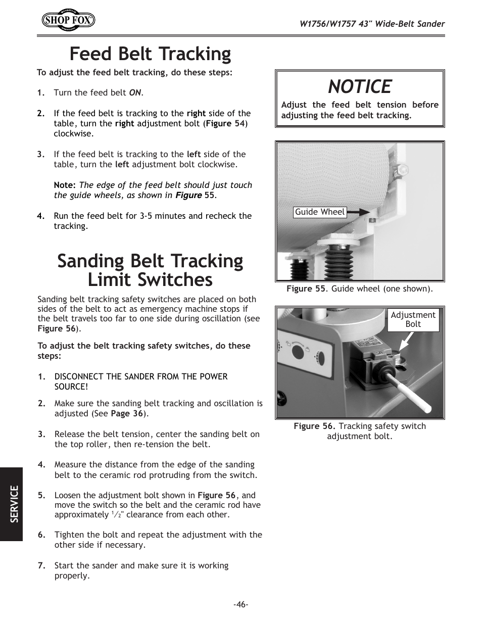 Feed belt tracking, Notice, Sanding belt tracking limit switches | Woodstock SHOP FOX W1756 User Manual | Page 48 / 84