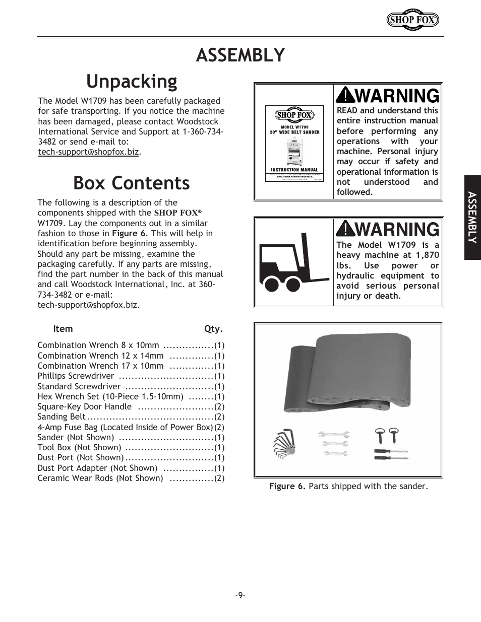 Unpacking box contents, Assembly | Woodstock SHOP FOX W1709 User Manual | Page 11 / 52