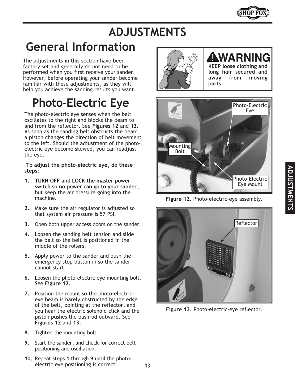 Adjustments general information, Photo-electric eye | Woodstock SHOP FOX W1709 User Manual | Page 15 / 52