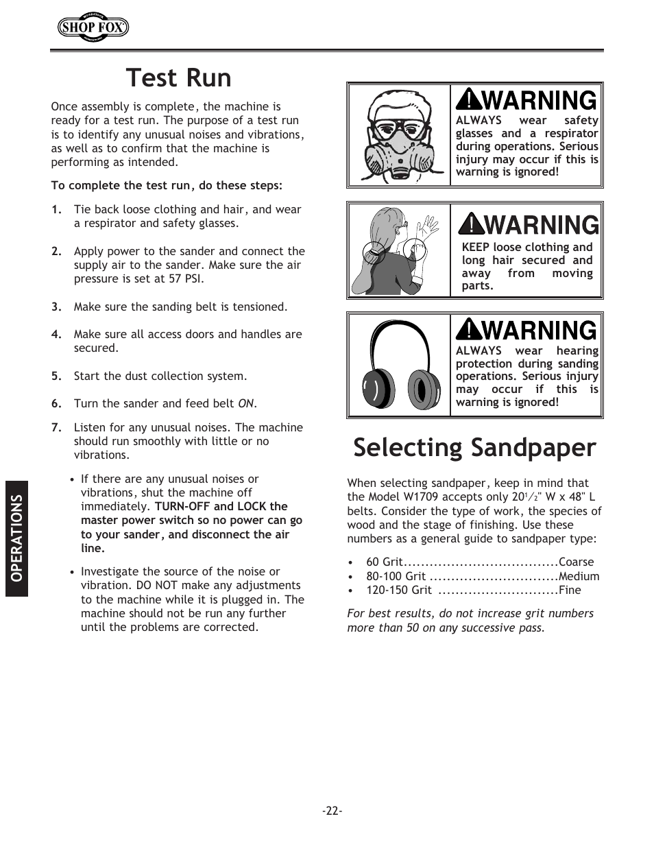 Test run, Selecting sandpaper | Woodstock SHOP FOX W1709 User Manual | Page 24 / 52