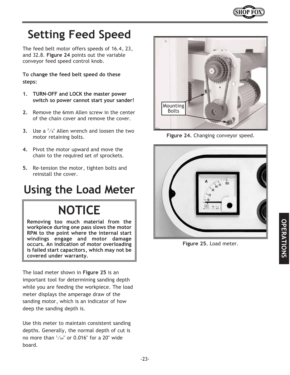 Notice, Setting feed speed, Using the load meter | Woodstock SHOP FOX W1709 User Manual | Page 25 / 52