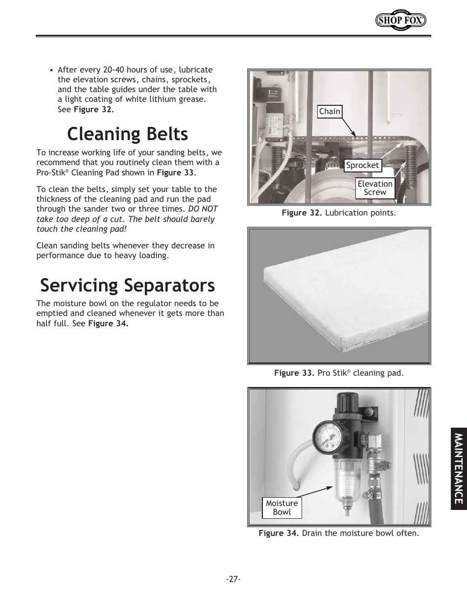 Servicing separators, Cleaning belts | Woodstock SHOP FOX W1709 User Manual | Page 29 / 52