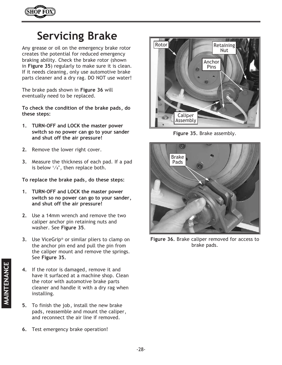 Servicing brake, Maintenance | Woodstock SHOP FOX W1709 User Manual | Page 30 / 52