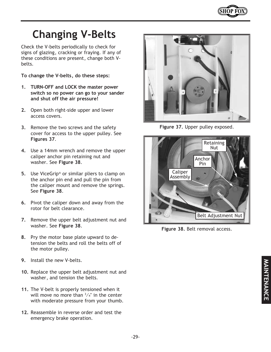 Changing v-belts, Maintenance | Woodstock SHOP FOX W1709 User Manual | Page 31 / 52