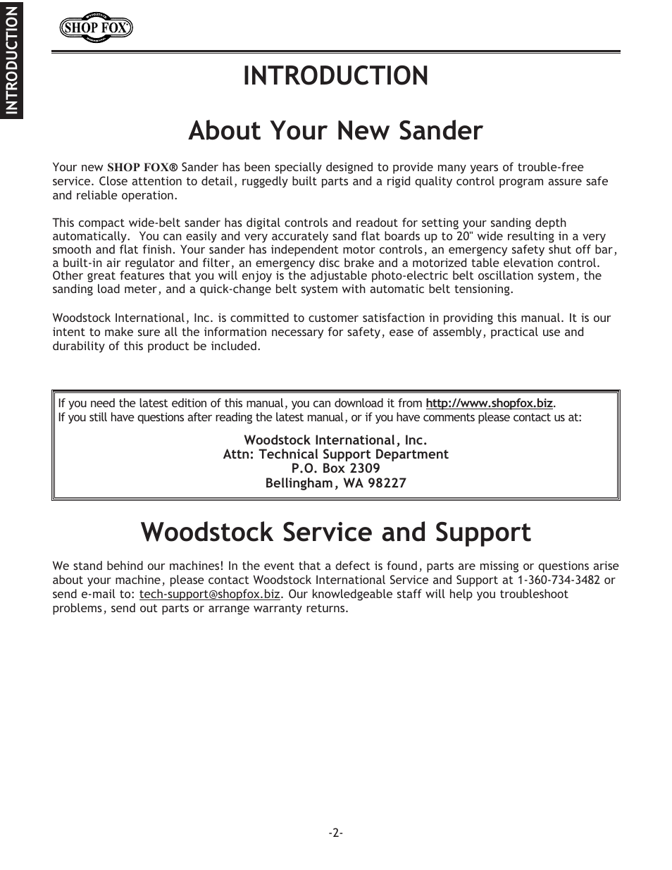 Introduction about your new sander, Woodstock service and support | Woodstock SHOP FOX W1709 User Manual | Page 4 / 52