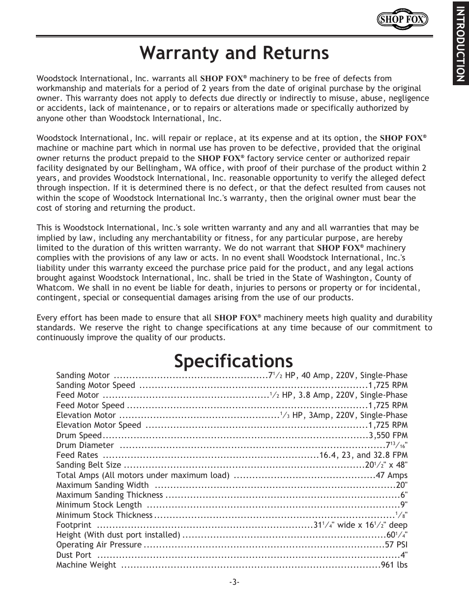 Warranty and returns, Specifications, Introduction | Woodstock SHOP FOX W1709 User Manual | Page 5 / 52