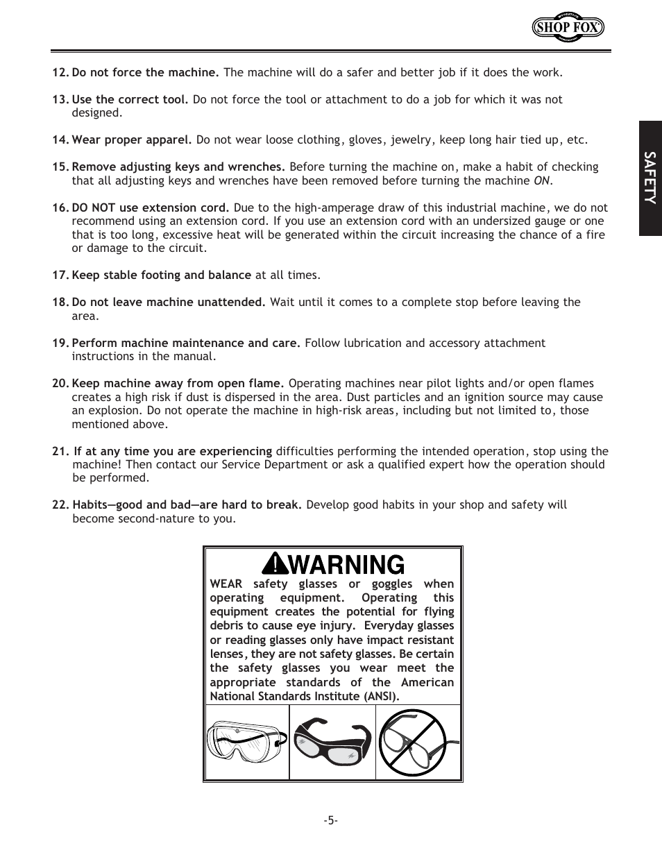 Safety | Woodstock SHOP FOX W1709 User Manual | Page 7 / 52