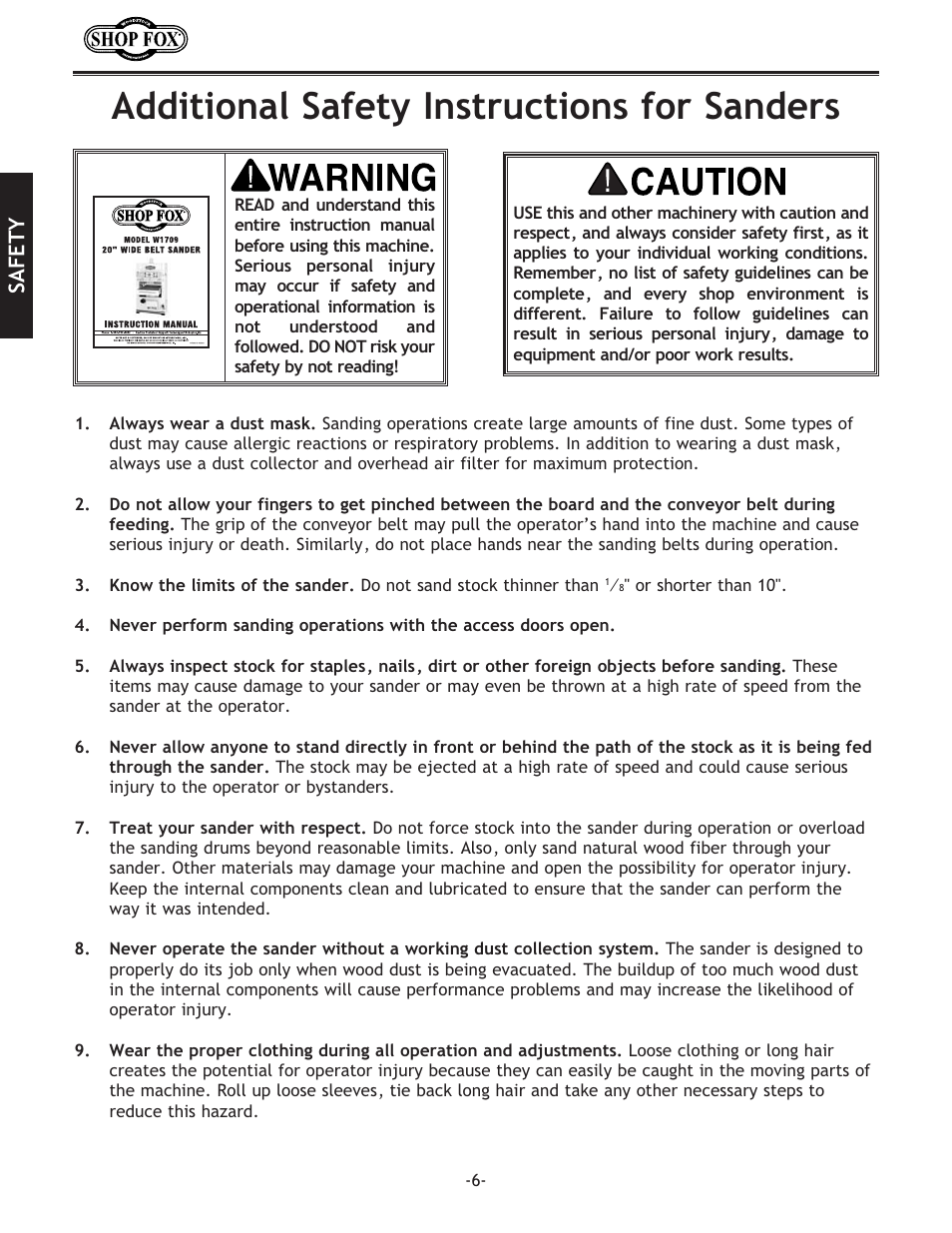 Additional safety instructions for sanders, Safety | Woodstock SHOP FOX W1709 User Manual | Page 8 / 52