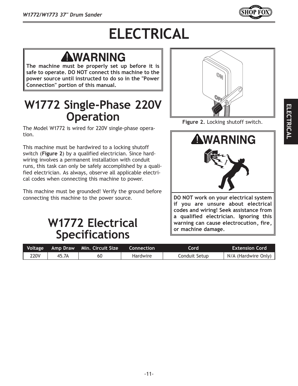 Electrical, W1772 electrical specifications | Woodstock SHOP FOX W1772 User Manual | Page 13 / 72