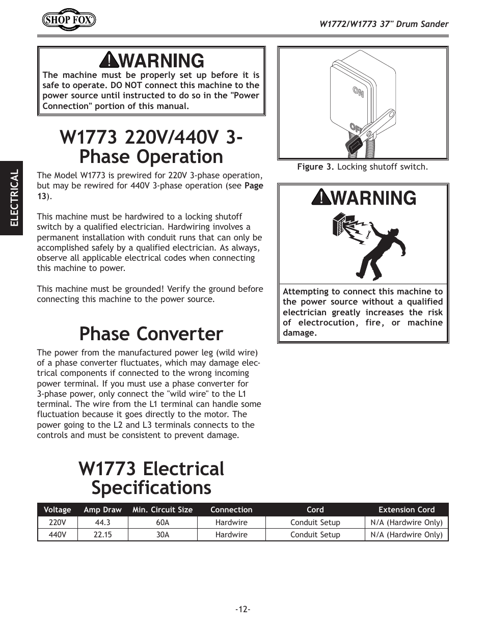W1773 electrical specifications phase converter | Woodstock SHOP FOX W1772 User Manual | Page 14 / 72