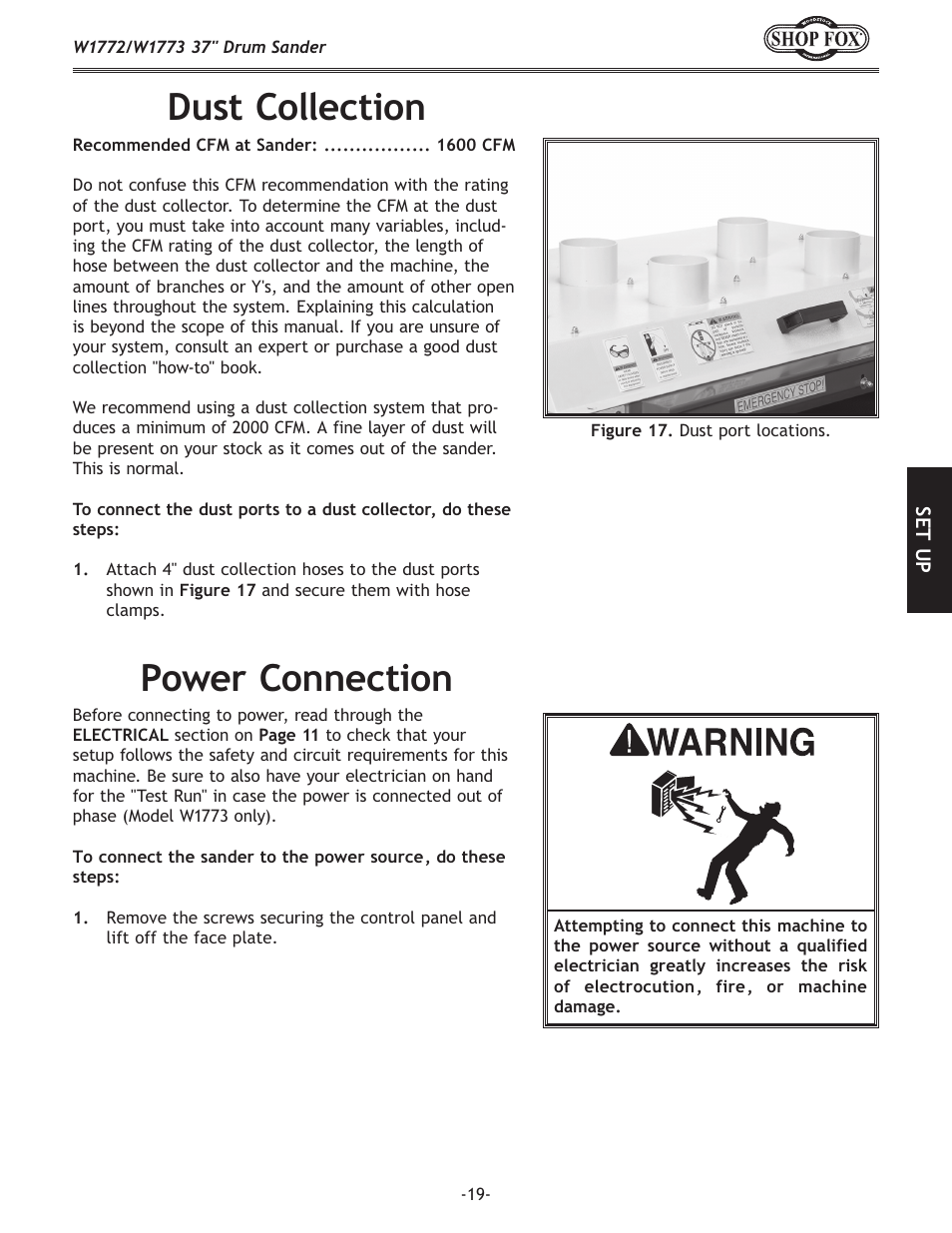 Dust collection, Power connection | Woodstock SHOP FOX W1772 User Manual | Page 21 / 72