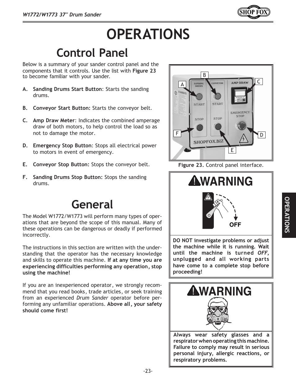 Operations, Control panel, General | Woodstock SHOP FOX W1772 User Manual | Page 25 / 72