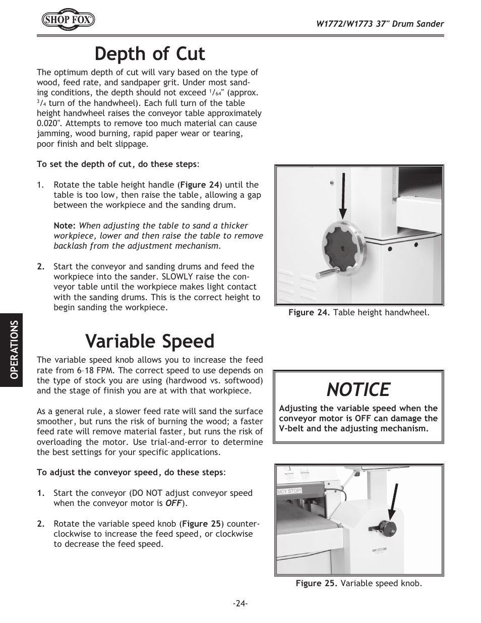 Depth of cut, Variable speed, Notice | Woodstock SHOP FOX W1772 User Manual | Page 26 / 72