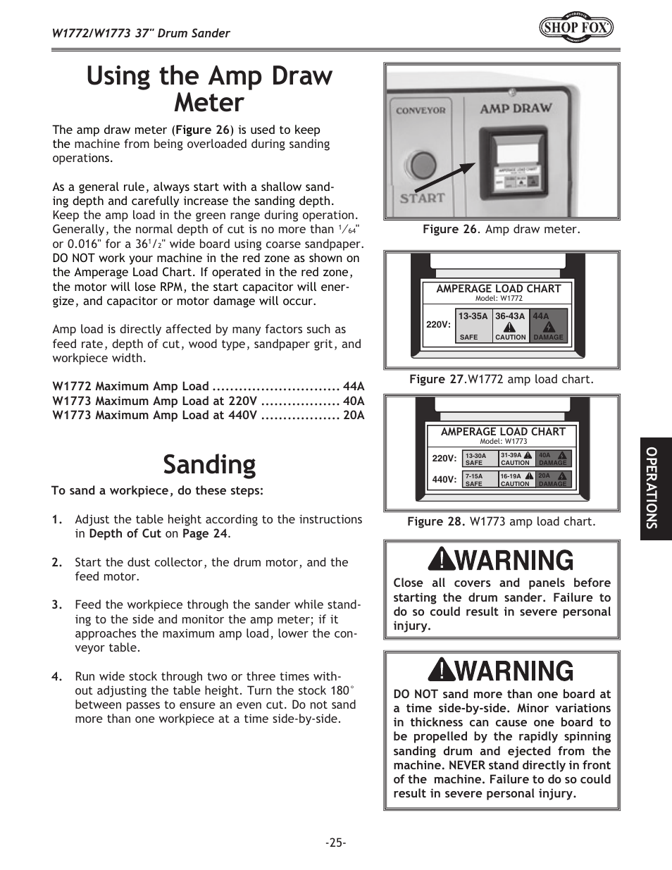Sanding, Using the amp draw meter, Ope r at io n s | Woodstock SHOP FOX W1772 User Manual | Page 27 / 72