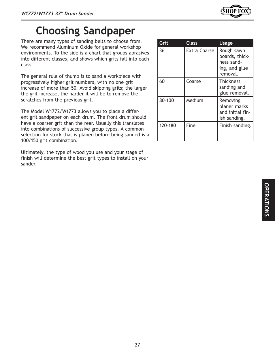 Choosing sandpaper | Woodstock SHOP FOX W1772 User Manual | Page 29 / 72