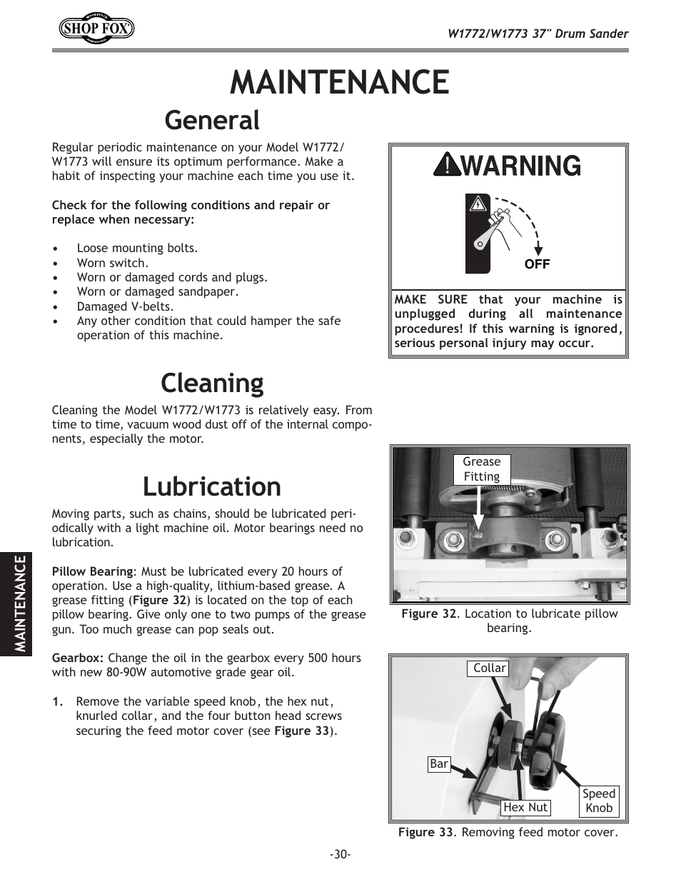 Maintenance, General, Cleaning lubrication | Woodstock SHOP FOX W1772 User Manual | Page 32 / 72