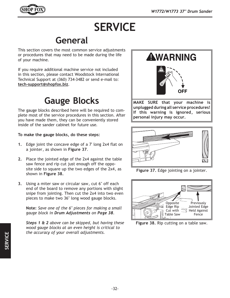 Service, General, Gauge blocks | Woodstock SHOP FOX W1772 User Manual | Page 34 / 72