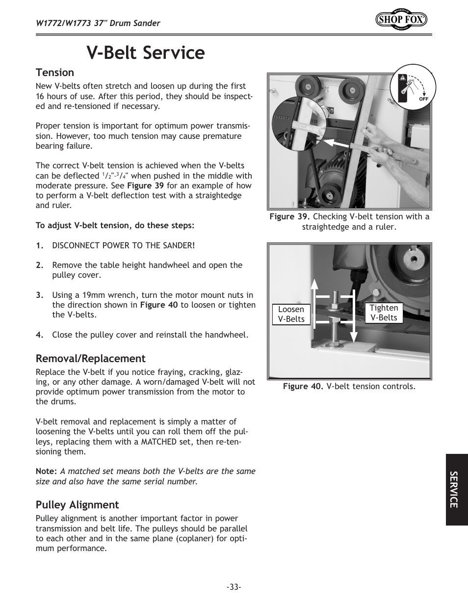 V-belt service, Tension, Removal/replacement | Pulley alignment | Woodstock SHOP FOX W1772 User Manual | Page 35 / 72