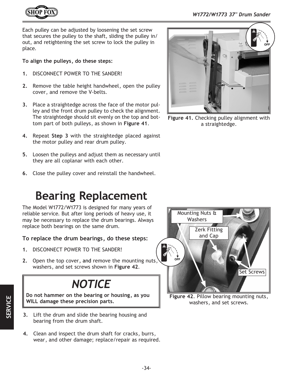 Bearing replacement, Notice | Woodstock SHOP FOX W1772 User Manual | Page 36 / 72