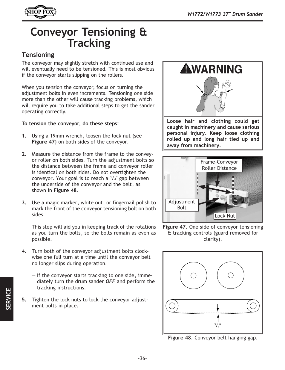 Conveyor tensioning & tracking, Tensioning | Woodstock SHOP FOX W1772 User Manual | Page 38 / 72