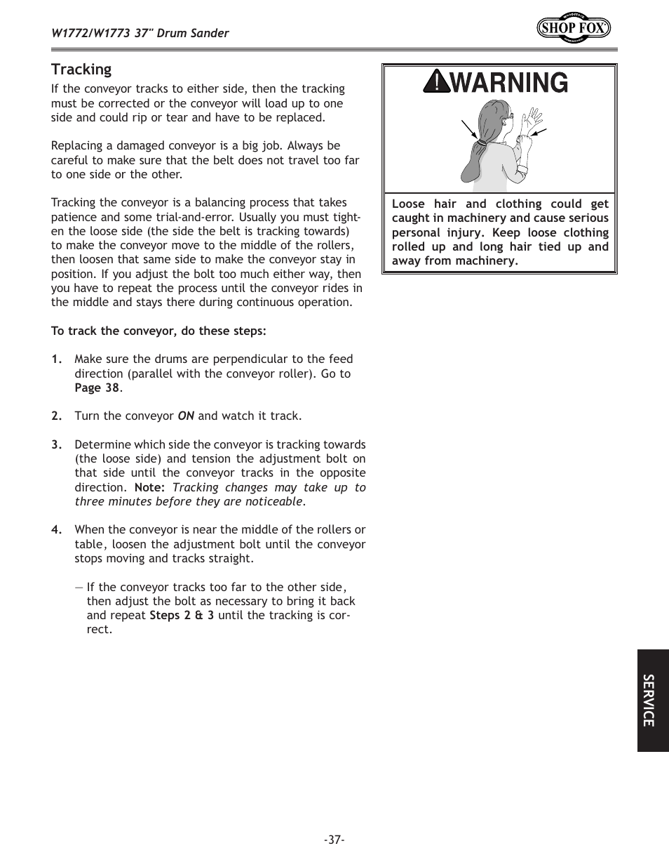 Tracking | Woodstock SHOP FOX W1772 User Manual | Page 39 / 72