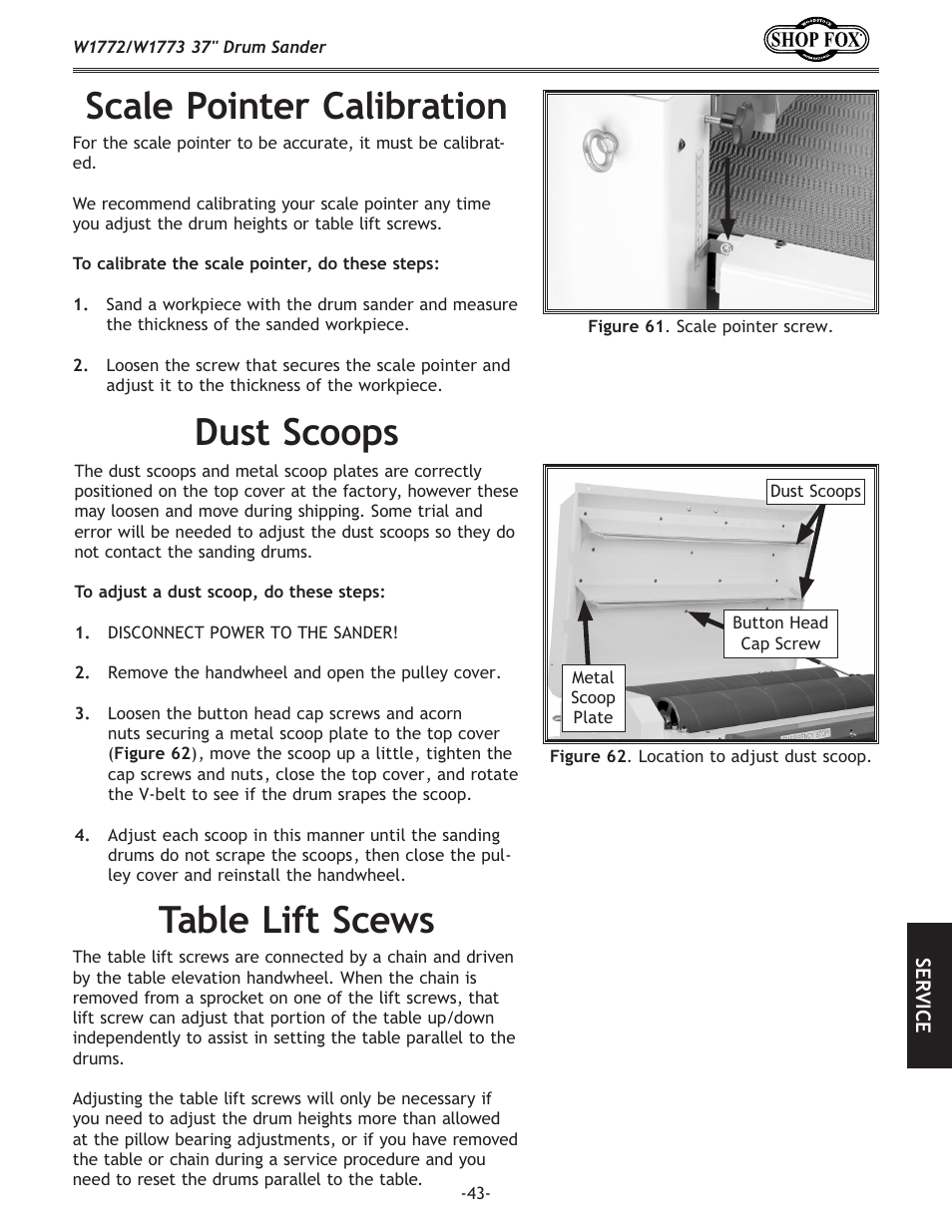 Scale pointer calibration, Table lift scews, Dust scoops | Woodstock SHOP FOX W1772 User Manual | Page 45 / 72