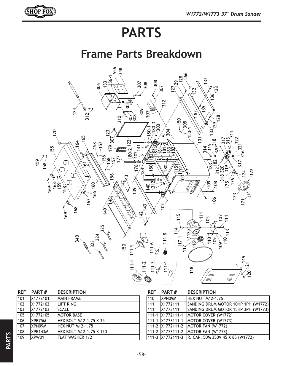 Parts, Frame parts breakdown, Pa rt s | Woodstock SHOP FOX W1772 User Manual | Page 60 / 72