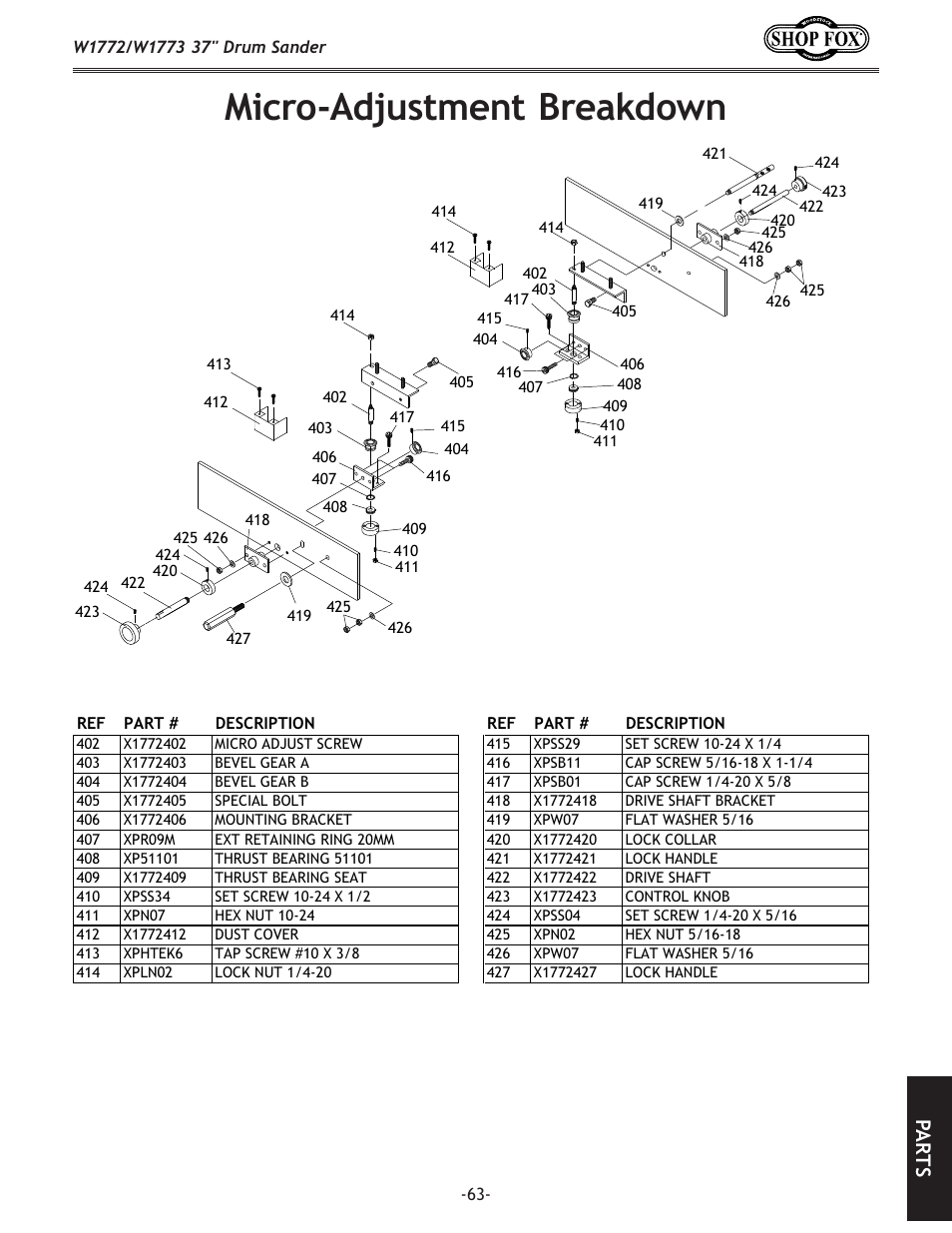 Micro-adjustment breakdown, Pa rt s | Woodstock SHOP FOX W1772 User Manual | Page 65 / 72