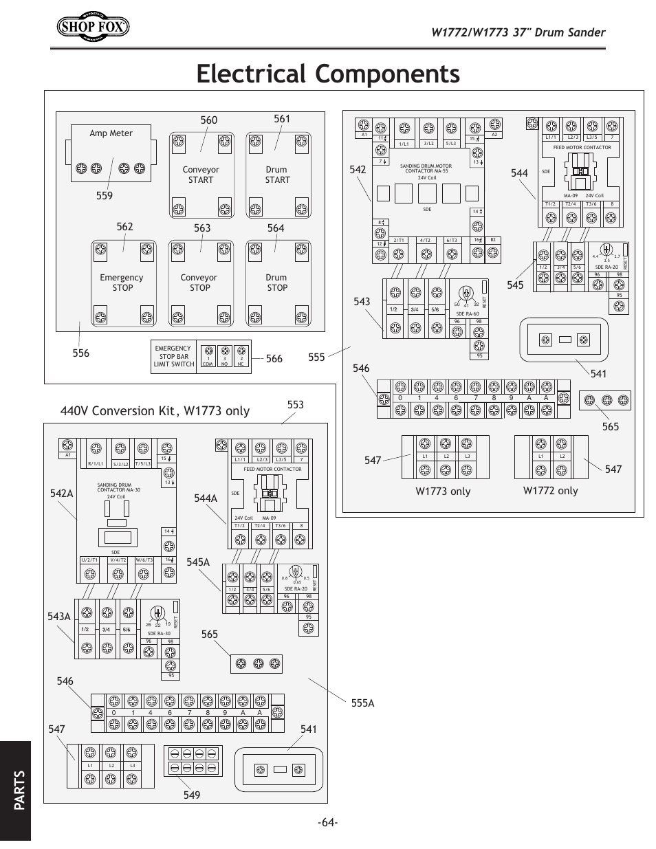 Electrical components, Pa rt s | Woodstock SHOP FOX W1772 User Manual | Page 66 / 72