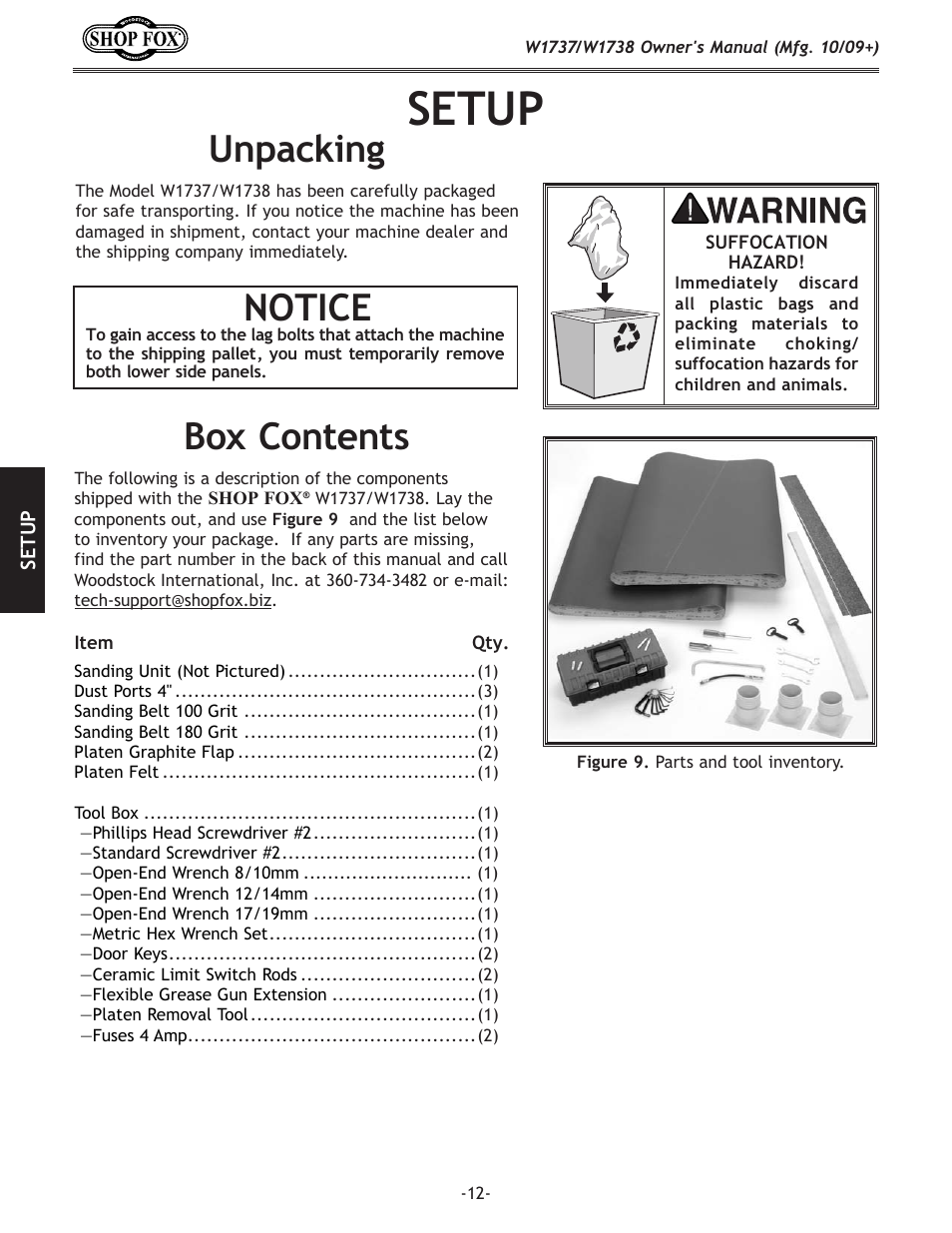 Setup, Unpacking box contents, Notice | Woodstock SHOP FOX W1737 User Manual | Page 14 / 68