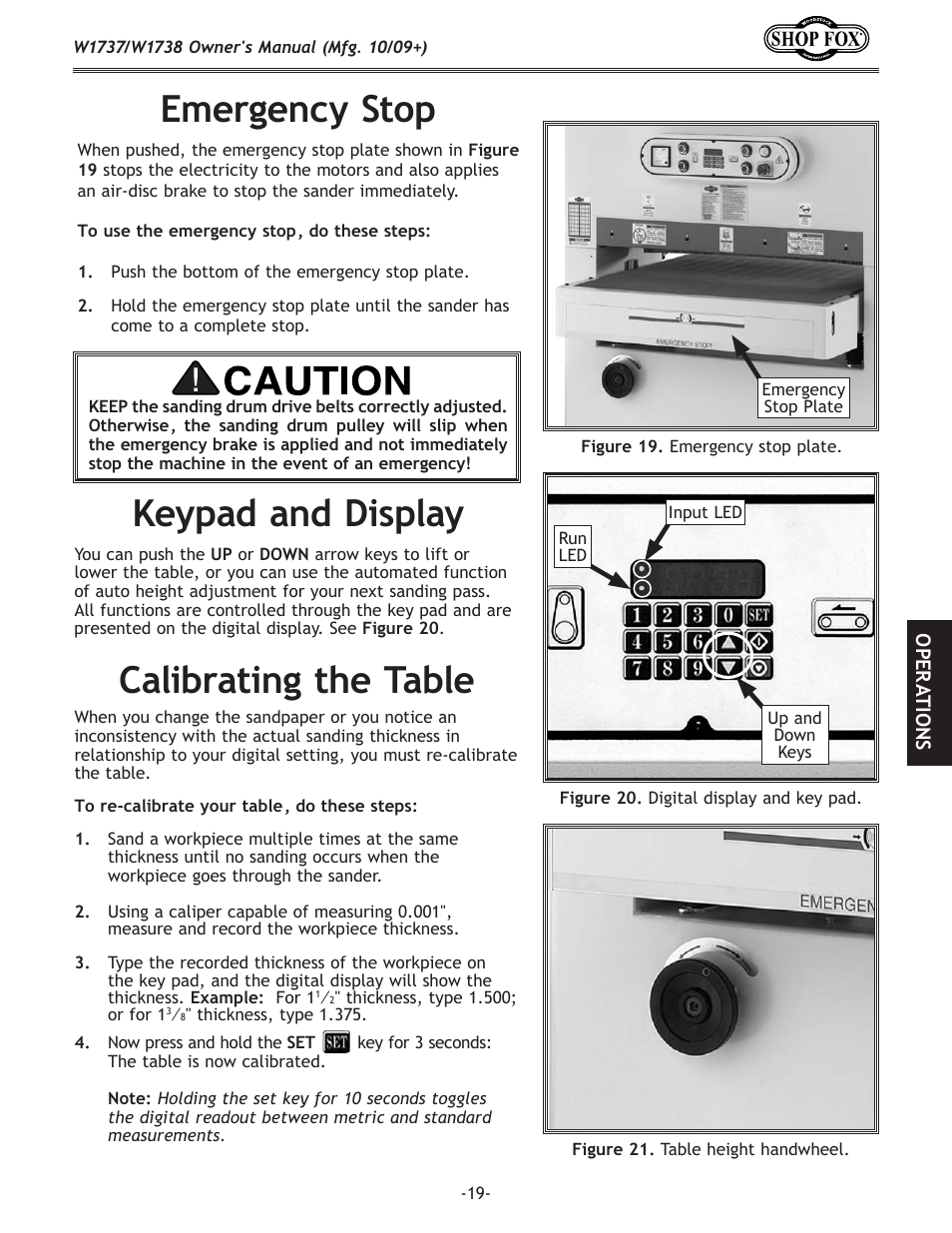 Emergency stop, Keypad and display calibrating the table | Woodstock SHOP FOX W1737 User Manual | Page 21 / 68