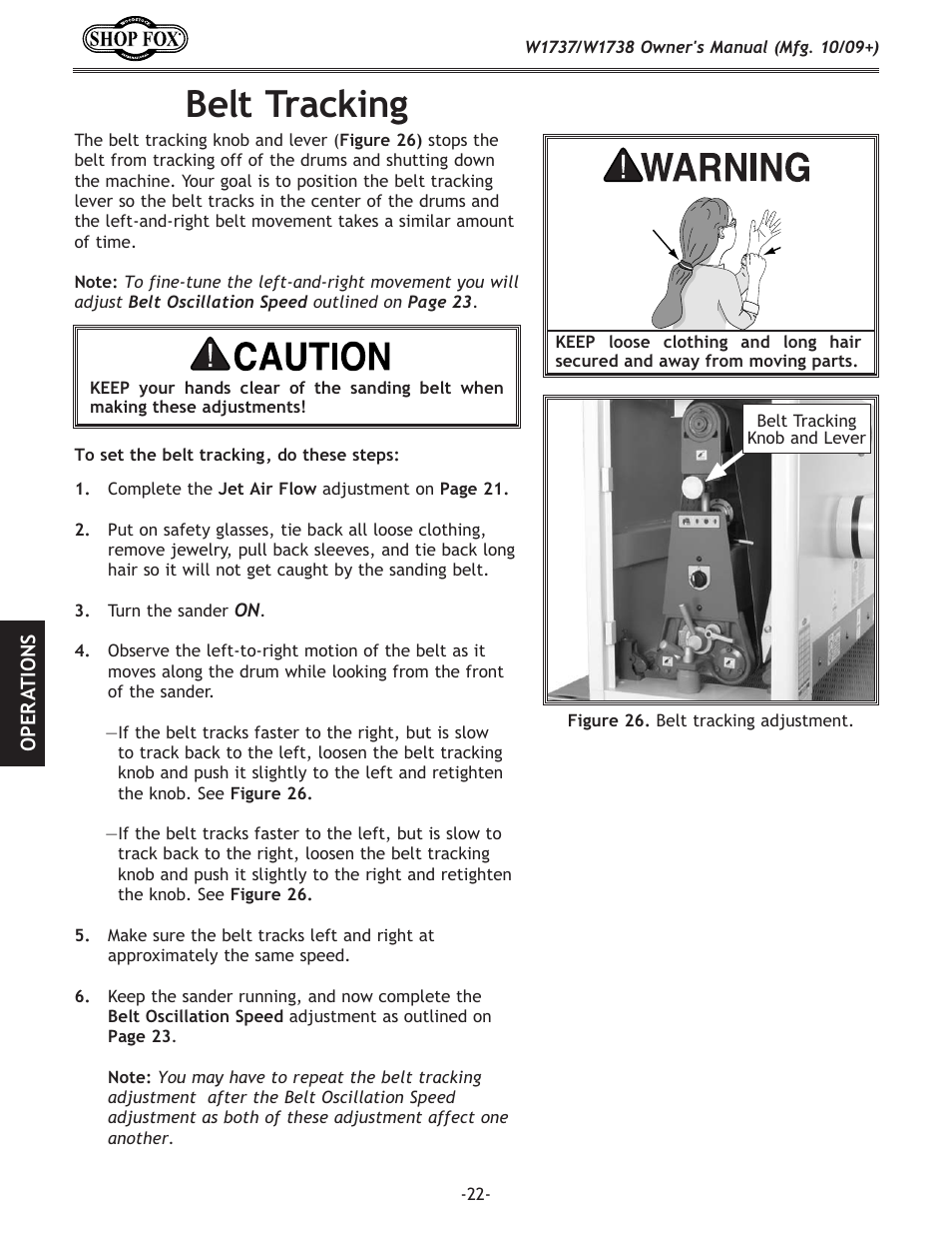 Belt tracking | Woodstock SHOP FOX W1737 User Manual | Page 24 / 68