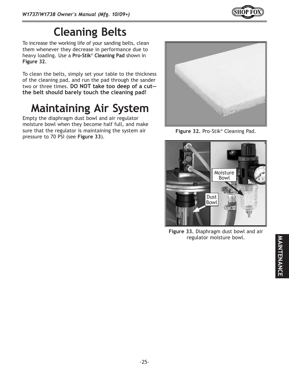 Maintaining air system, Cleaning belts | Woodstock SHOP FOX W1737 User Manual | Page 27 / 68