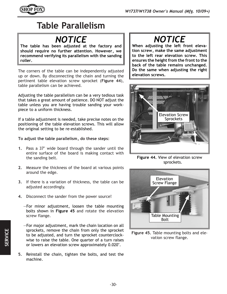 Notice, Table parallelism | Woodstock SHOP FOX W1737 User Manual | Page 32 / 68