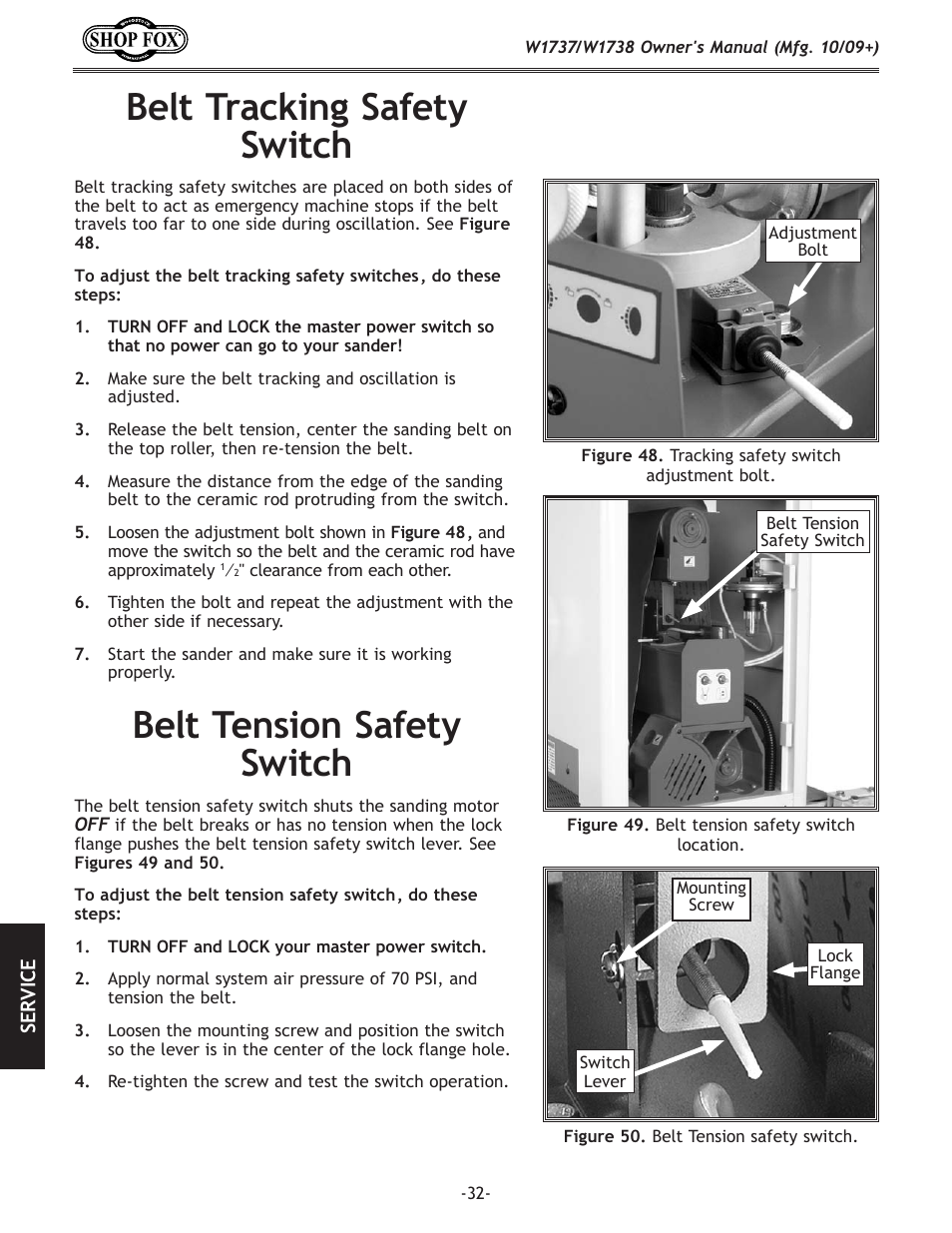 Belt tension safety switch, Belt tracking safety switch | Woodstock SHOP FOX W1737 User Manual | Page 34 / 68