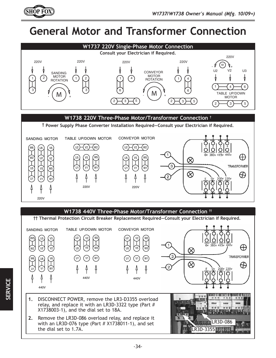 General motor and transformer connection, Se rv ic e | Woodstock SHOP FOX W1737 User Manual | Page 36 / 68