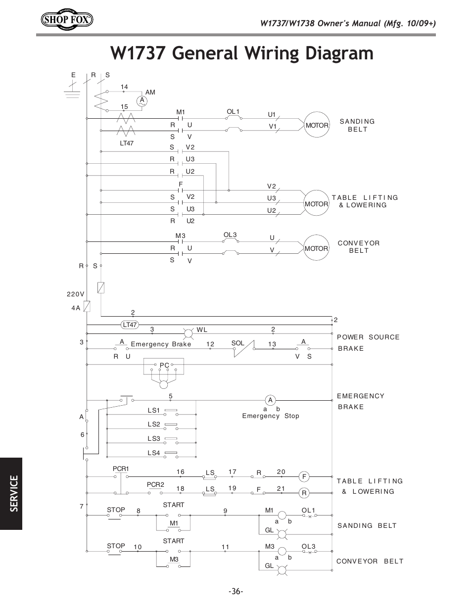 W1737 general wiring diagram, Se rv ic e | Woodstock SHOP FOX W1737 User Manual | Page 38 / 68