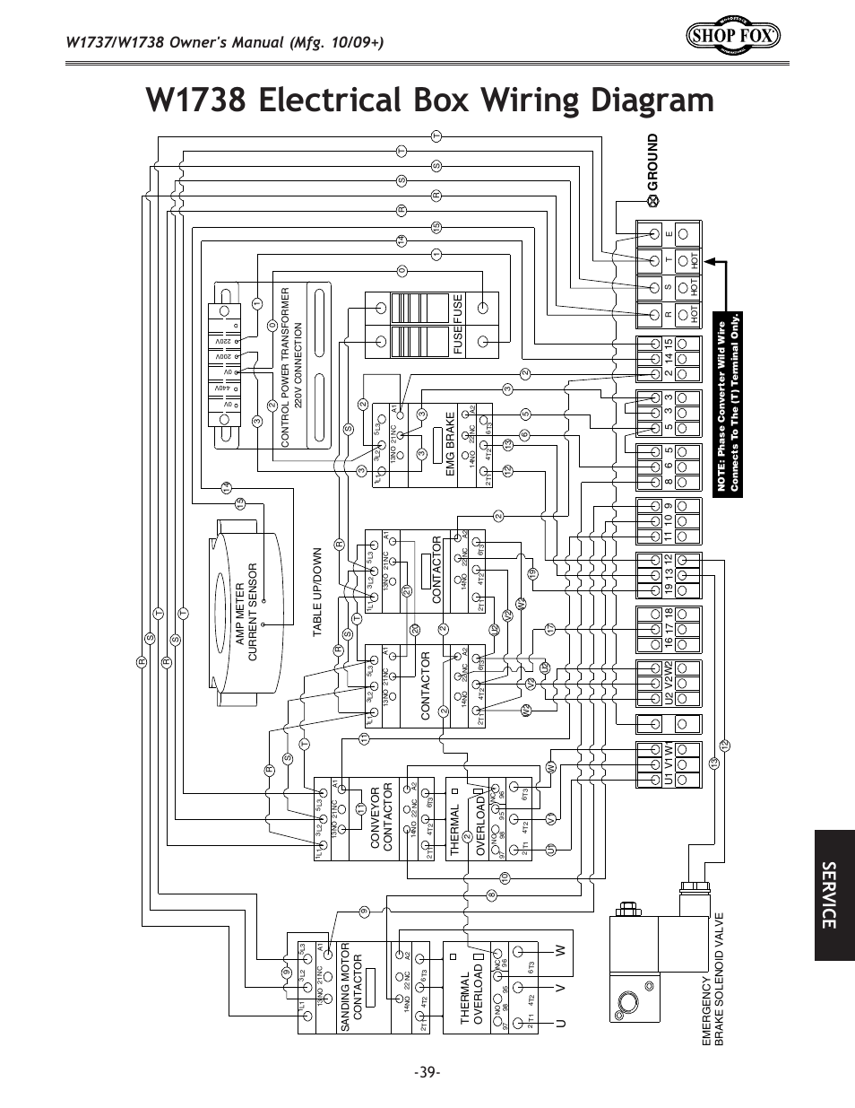 W1738 electrical box wiring diagram, Se rv ic e, Ground | Uv w | Woodstock SHOP FOX W1737 User Manual | Page 41 / 68