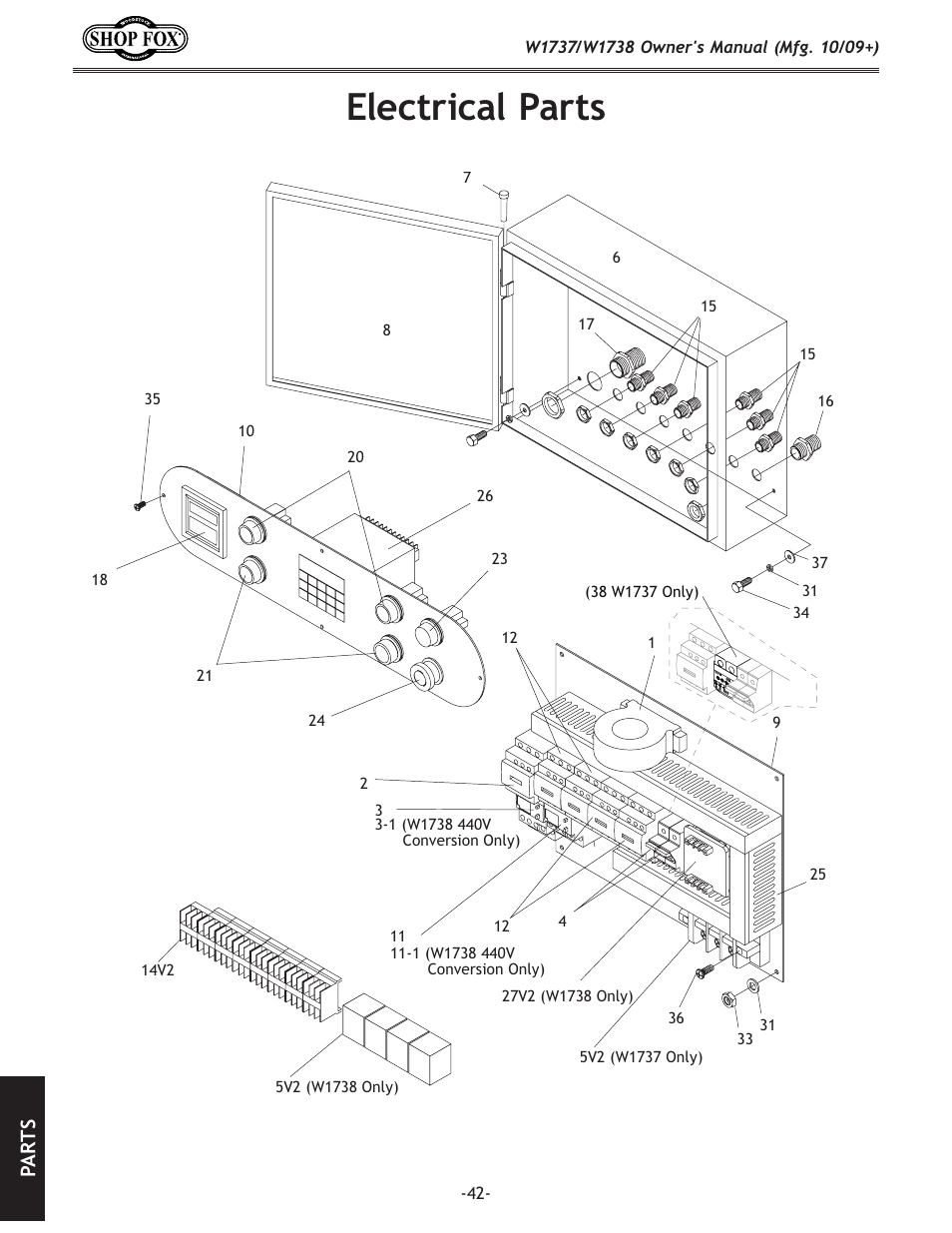 Electrical parts, Pa rt s | Woodstock SHOP FOX W1737 User Manual | Page 44 / 68