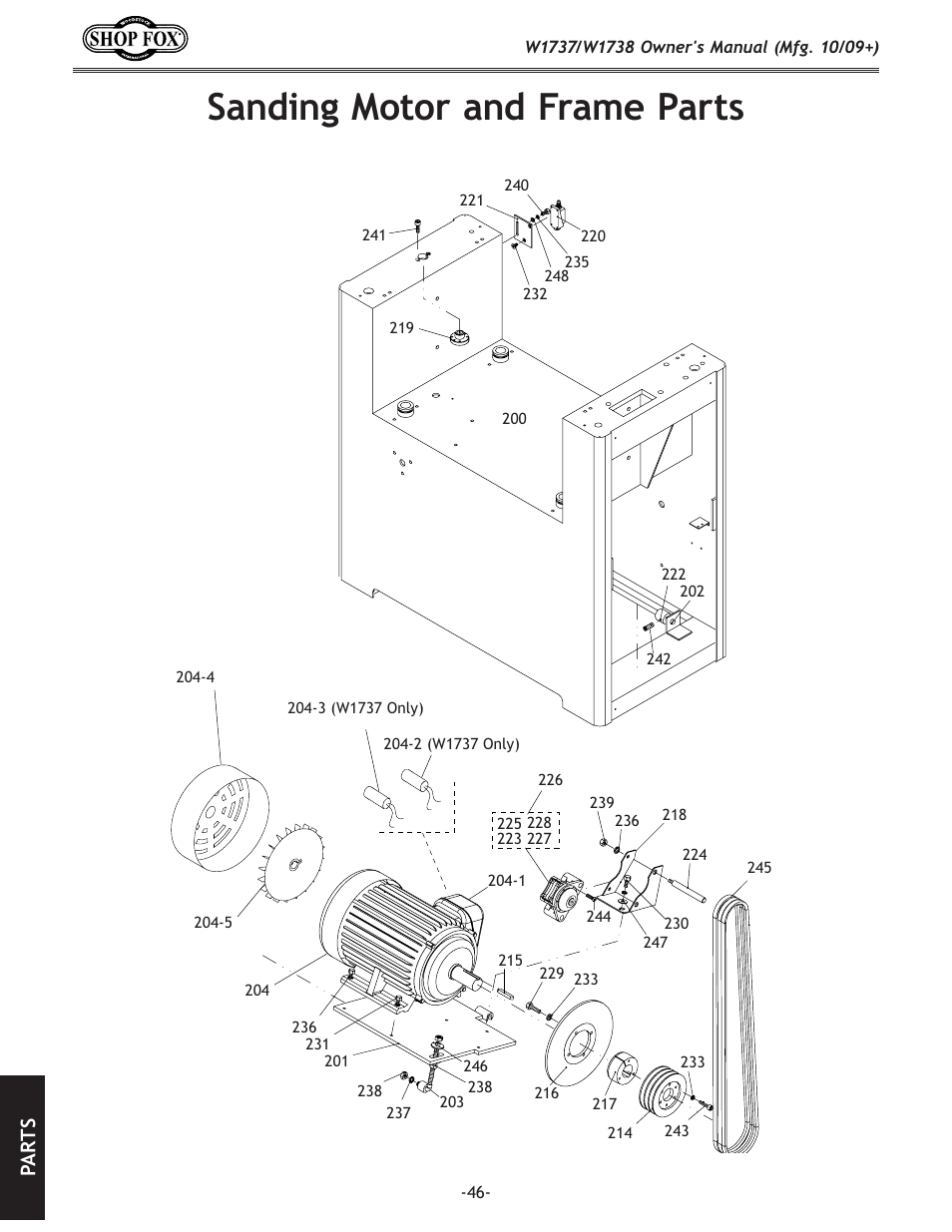 Sanding motor and frame parts, Pa rt s | Woodstock SHOP FOX W1737 User Manual | Page 48 / 68