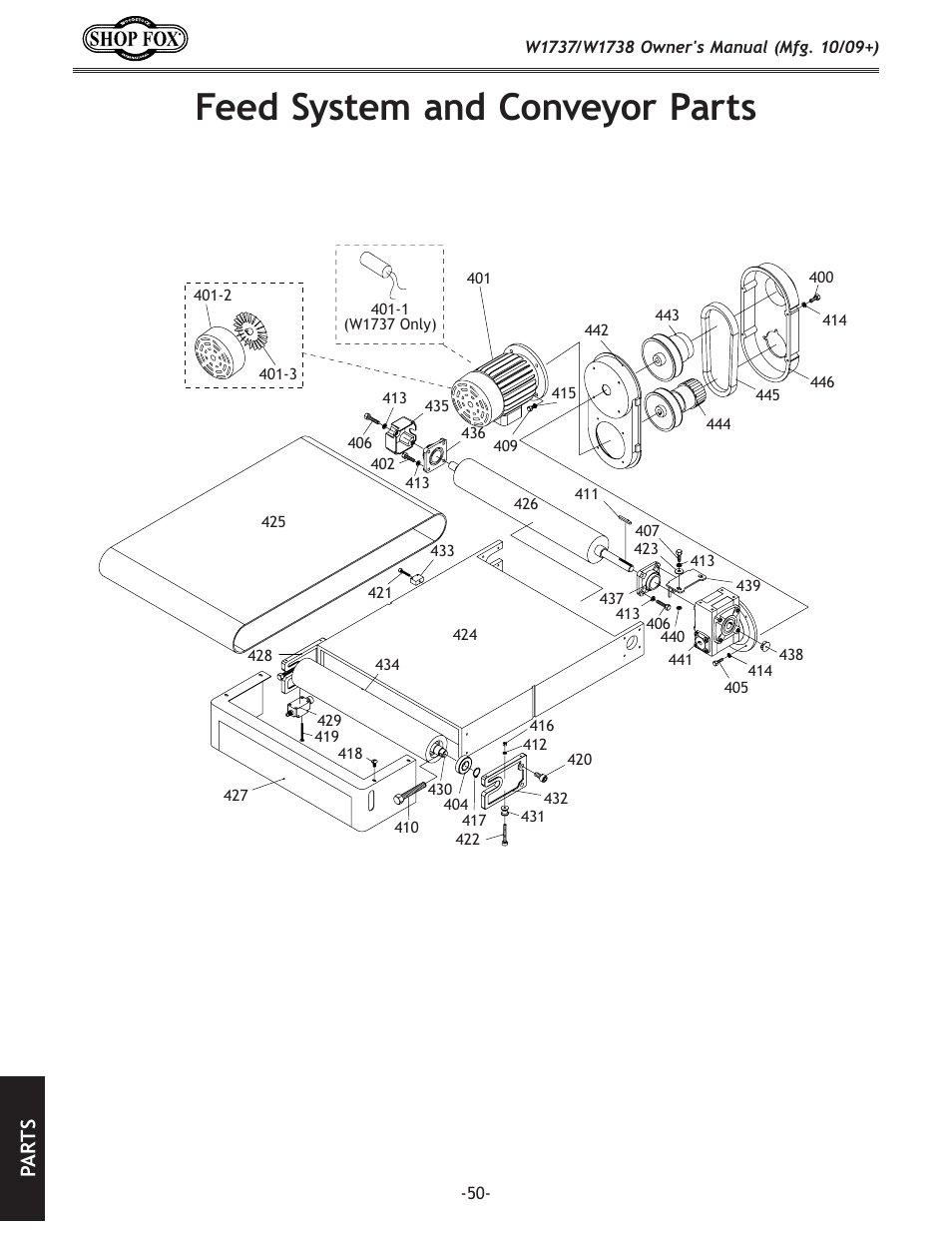 Feed system and conveyor parts, Pa rt s | Woodstock SHOP FOX W1737 User Manual | Page 52 / 68