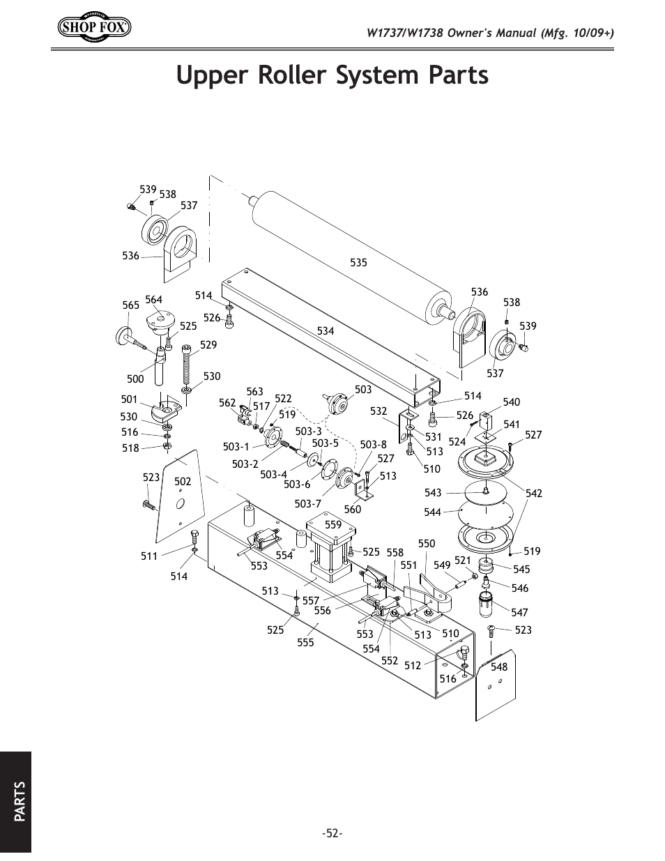 Upper roller system parts, Pa rt s | Woodstock SHOP FOX W1737 User Manual | Page 54 / 68