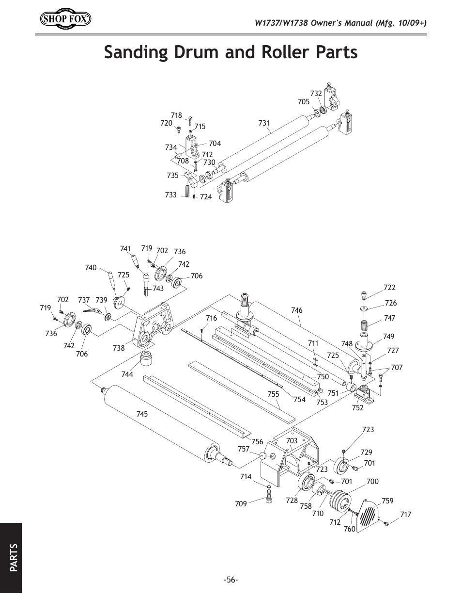 Sanding drum and roller parts, Pa rt s | Woodstock SHOP FOX W1737 User Manual | Page 58 / 68