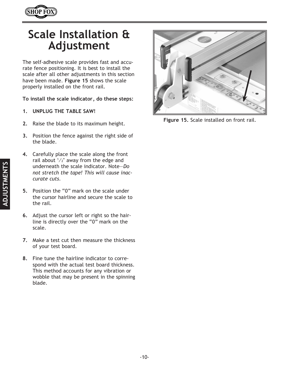 Scale installation & adjustment | Woodstock ALUMA-CLASSIC FENCE W1716 User Manual | Page 12 / 20