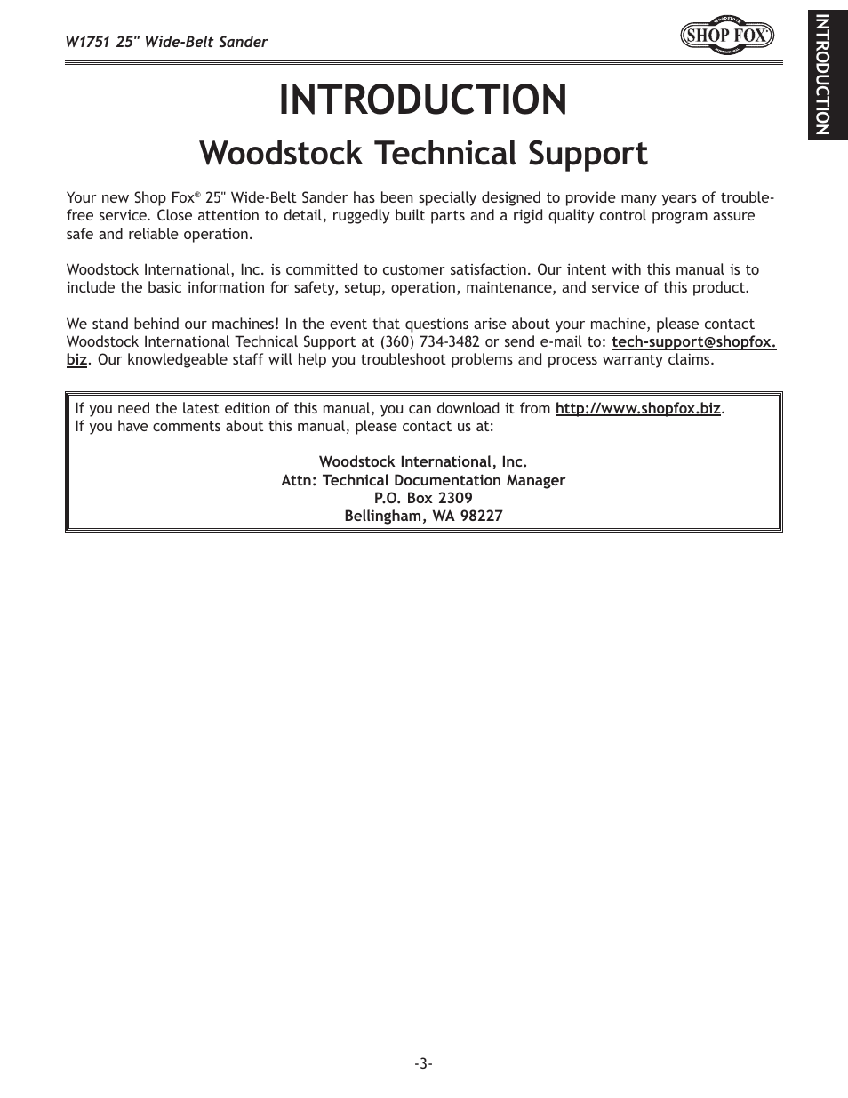 Introduction, Woodstock technical support | Woodstock W1751 User Manual | Page 5 / 60