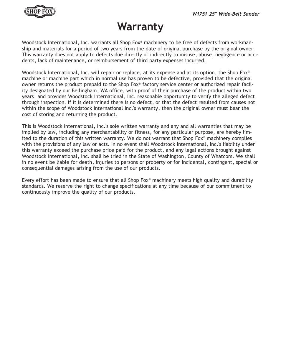Warranty | Woodstock W1751 User Manual | Page 56 / 60