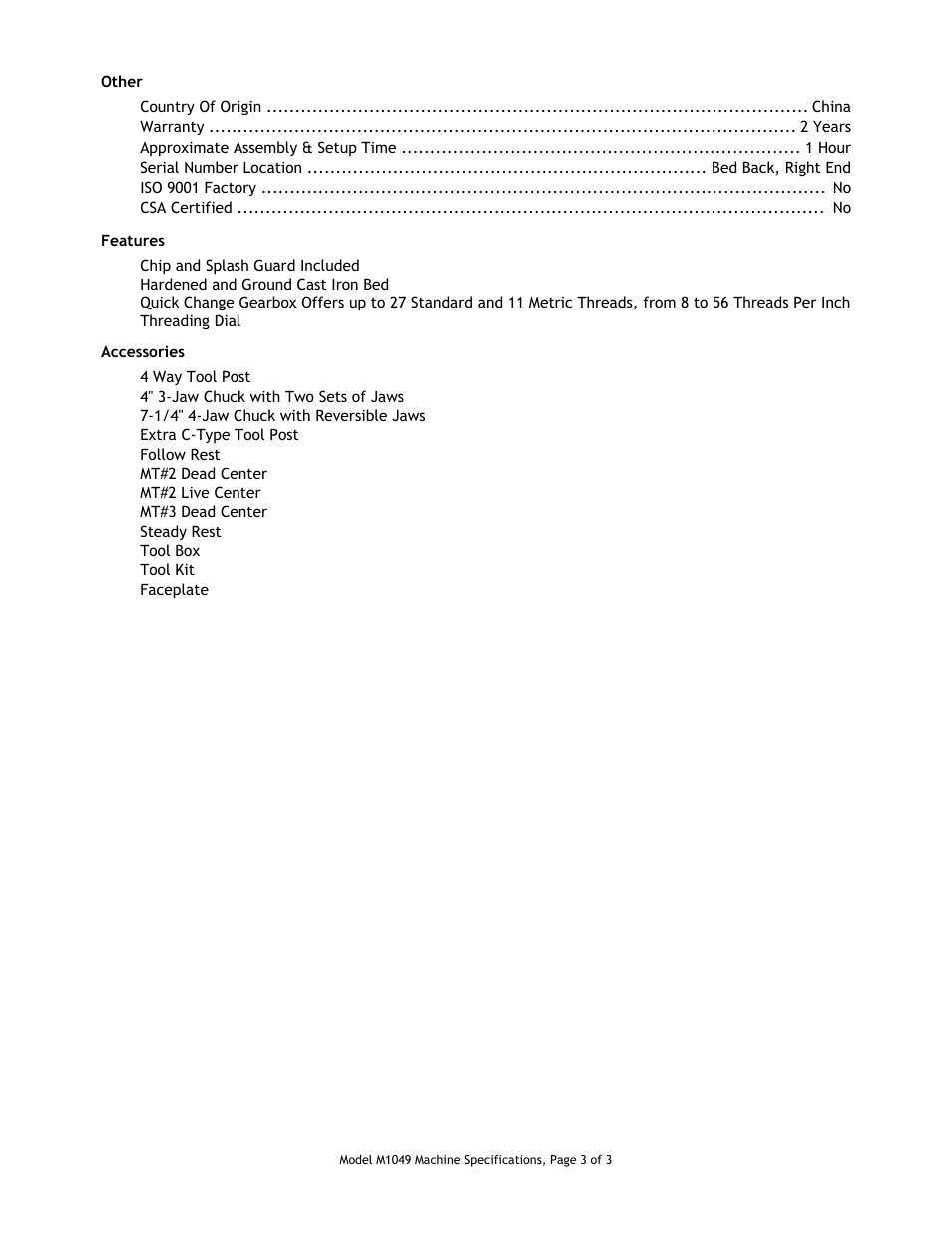 Other specifications, Features, Included accessories | Woodstock M1049 User Manual | Page 3 / 3