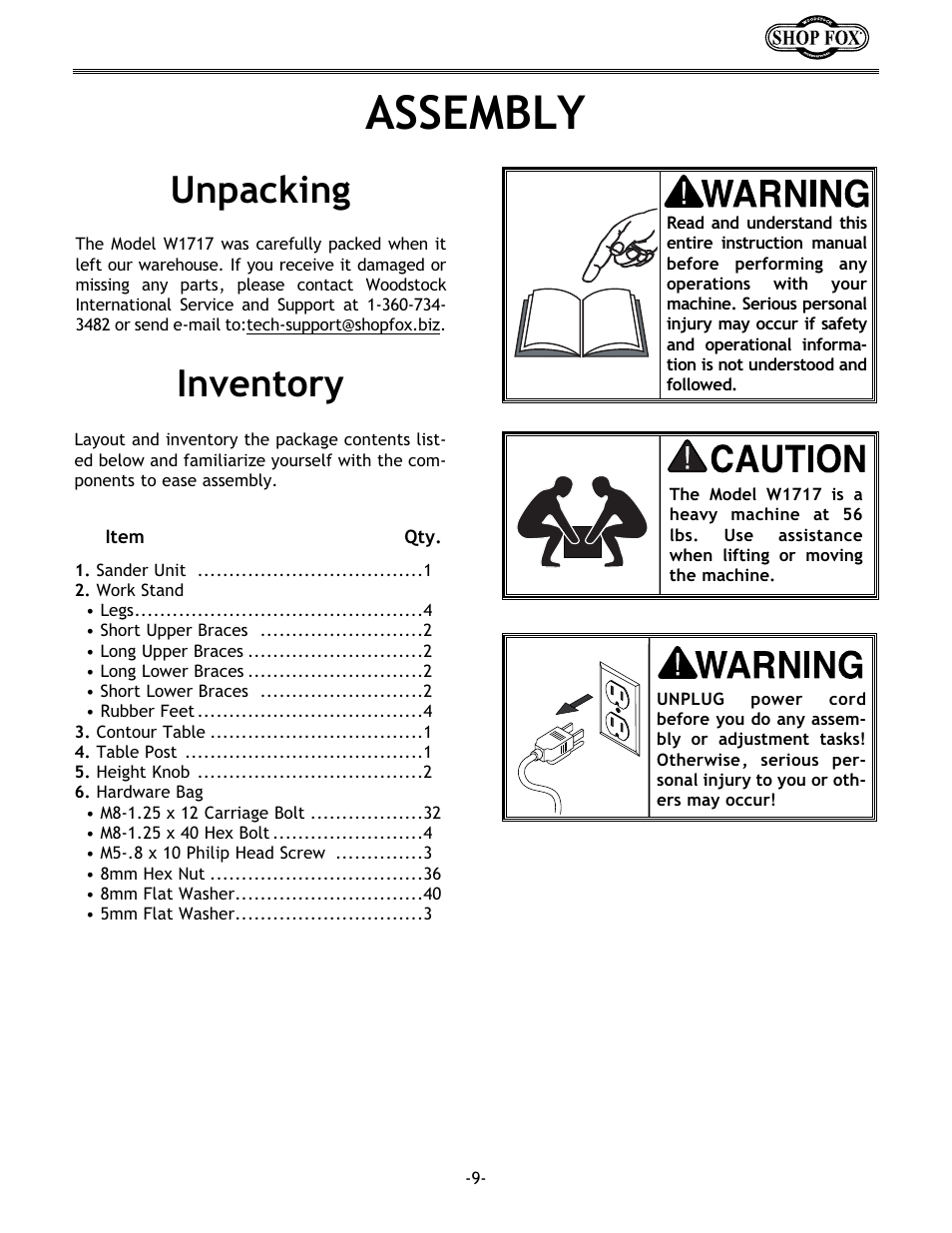 Assembly, Inventory unpacking | Woodstock SHOP FOX W1717 User Manual | Page 11 / 30